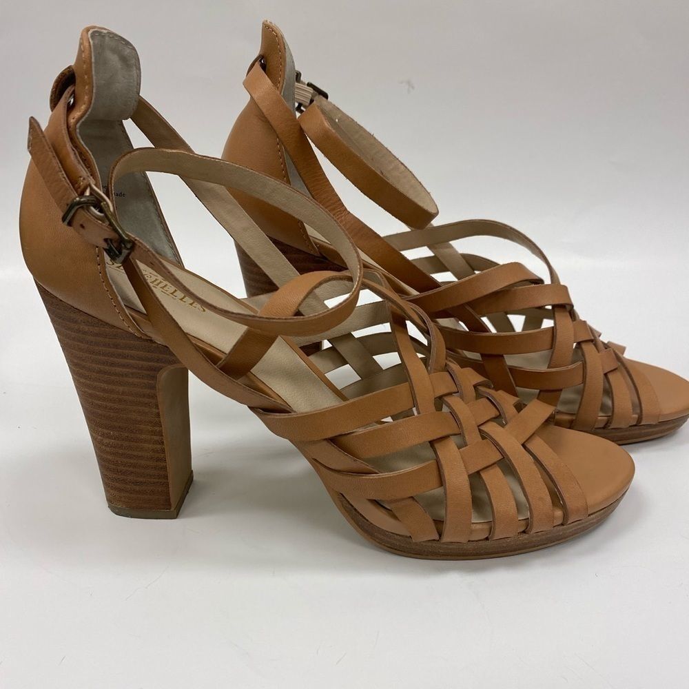 Seychelles Tan Leather Woven Stack Heel Sandals
